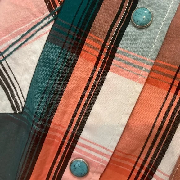 Wrangler Retro Teal and Orange Plaid Western Rodeo Turquoise Snap Shirt, Size S - Picture 6 of 10